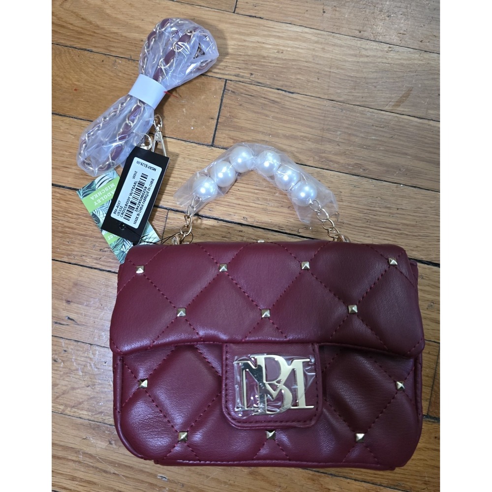 Badgley Mischka Small Stud Flap Quilted Chain Crossbody Top Pearl Handle Red NWT
